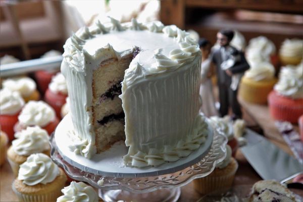 Our wedding cake and cupcakes.