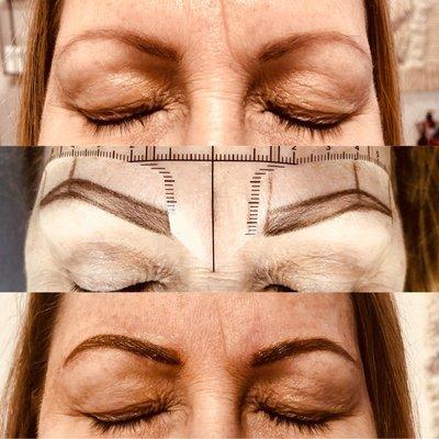 Before, pre-draw & immediately after powder brow procedure.