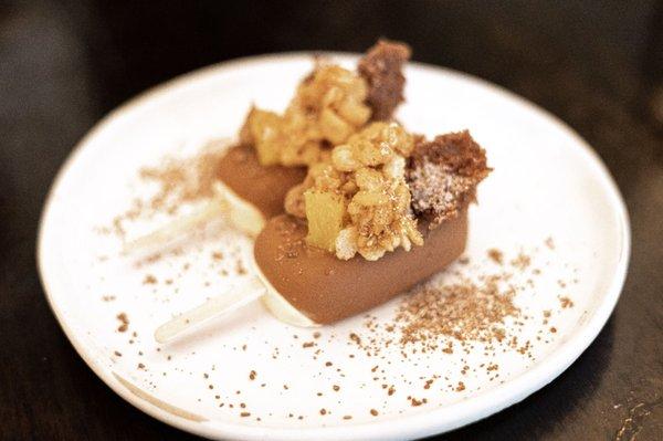 Malted Milk Popsicles with Orange Marmalade, Caramel Krispies, Chocolate Sponge Cake