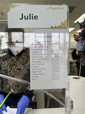 Updated prices, I was very pleased with my pedicure from Julie