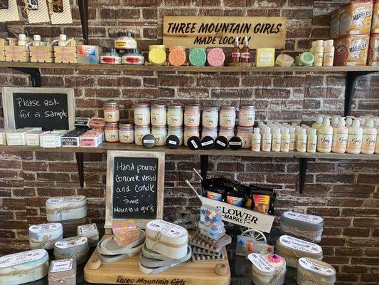 Three Mountain Girls lotions, creams, soaps and candles that are all made locally here in Chester Ca.