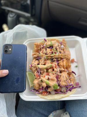 For perspective- look how big these shrimp and fish tacos are!  That's an iPhone 11!  All for $11, pretty amazing.