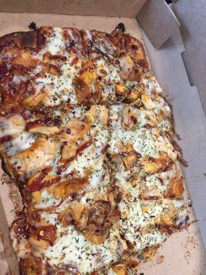 BBQ chicken flatbread, no onion...with a piece missing because I was hungry.