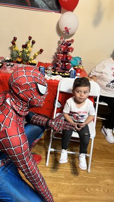 My grandson, who is the birthday boy was scared, but Spiderman was able to make him feel comfortable.