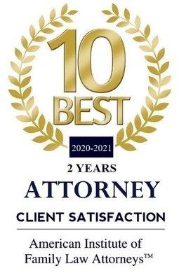 Honored to receive the 10 BEST for Attorney Client Satisfaction from American Institute of Family Law Attorneys