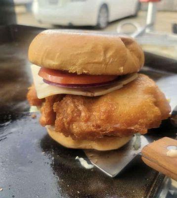 Beer battered fried chicken sando