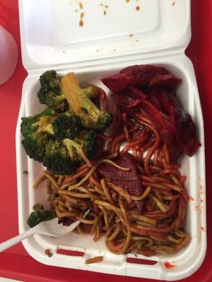 Bbq pork / beef and broccoli (there's beef somewhere in there) and chow mein.