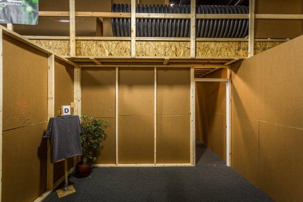 Our indoor shoothouse is used for teaching basic to advanced tactics (from home defense to night vision room entry).