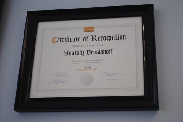 Certificate of Recognition for Dr. Anatoly Bensianoff, DDS, Owner of Magic Smile Dental