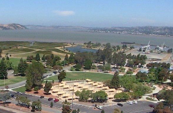 Martinez Waterfront Park Bocce courts in yellow. EBRP Shoreline & Marina in background.