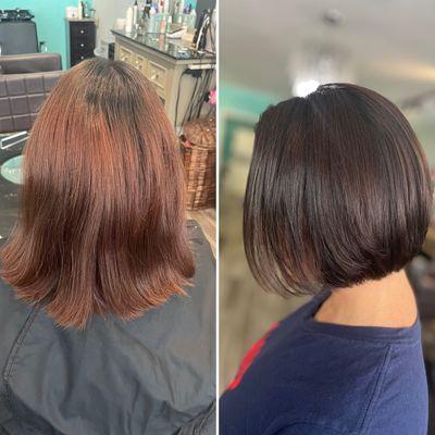 Transformation! We did a beautiful plum brown and a much needed haircut to add shape.