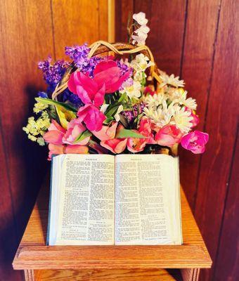 Chapel, Bible and flower display