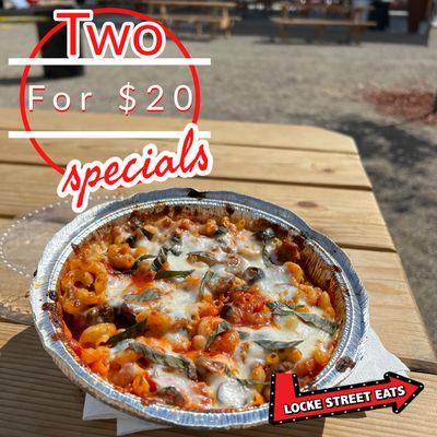 Two for 20 at all food trucks mix and match between the Mac Wagon and Pappa Big Sexy's Pizza two entrées two drinks $20