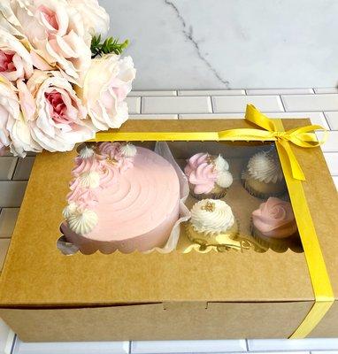 Gift Wrapped Dessert Box featuring a mini cake as well as 8 cupcakes.