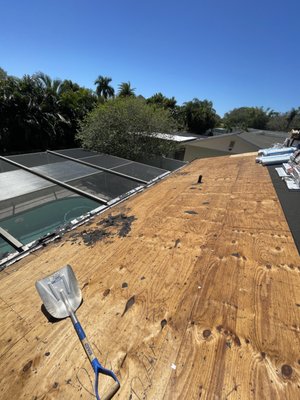 Roofing torn off to bare decking