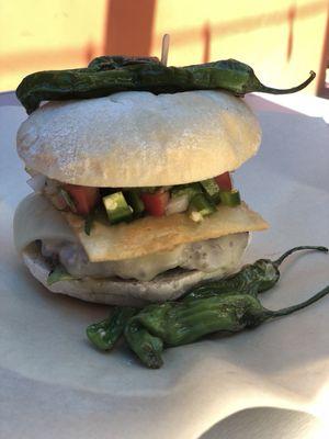 Brooklyn Burger:
1/4 pound patty, barrio guajillo sauce, avocado, monterey jack, crispy tortilla, pico de gallo