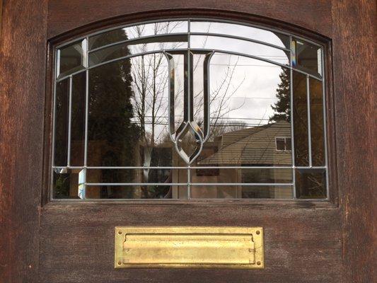 Fixed leaded glass window on our front door after Steve's magic! Yay!