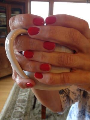 Beautiful manicure!  Nail color is OPI Red My Fortune Cookie.