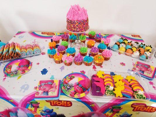 Trolls themed birthday party dessert table