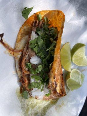 QuesaTaco $3. Monterey Jack and Birria meat inside a corn torilla. So good