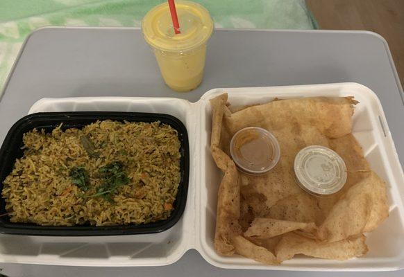 8/14/2022:  Vegetable Biryani, vegetable, paper roast Dosa, and mango lassi.