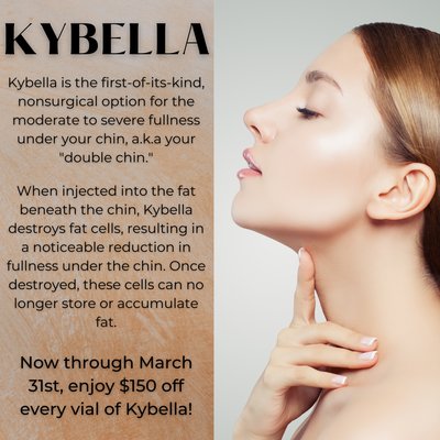 Say goodbye to your double chin with Kybella, the FIRST & ONLY injectable double chin treatment out there  This month only, enjoy $150 off