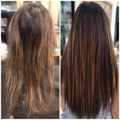 Before and after: 120 pieces of 18 inch keratin tip extensions. Like magic!