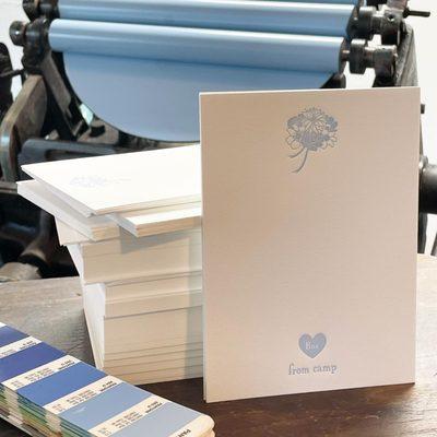 Bespoke kids camp stationery printed in ice blue ink