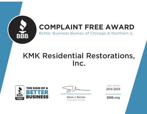 BBB Complaint free award 9 years in a row!