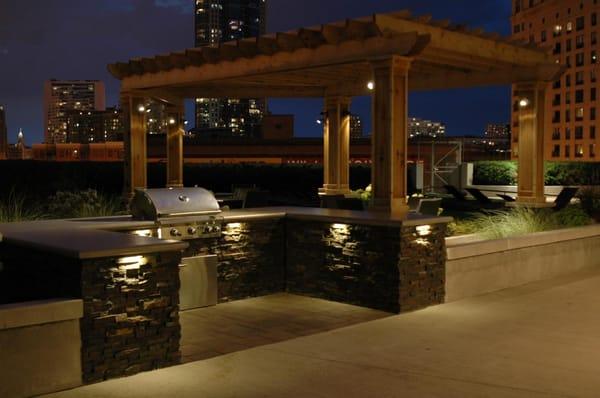 Led lighting accents grill counters, pergolas, plant material and adds an ambiance to your outdoor living environment