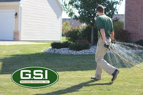 tech spraying a lawn with the weed control.