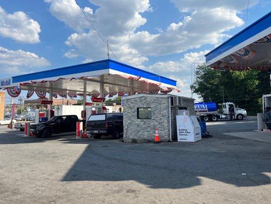 A view of the gas pump area from the convenience store entrance