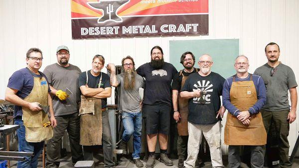 A group photo of the students and instructor Tom Ward after out Viking axe class.