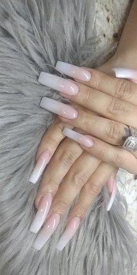 Long ombre pink and white nails