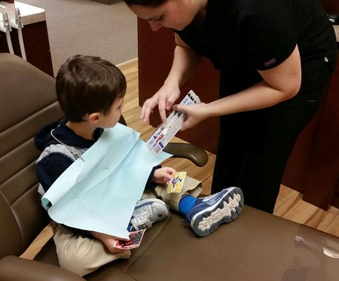 Picking out stickers and a toothbrush