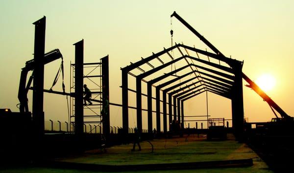 Steel building under construction.