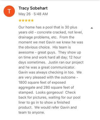 Excellent review for an 1800 square foot exposed aggregate stamped concrete pool!