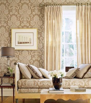 Drapery panels with european pleats and Thibaut wallpaper