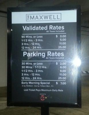 Validated and parking rates. First 90 minutes free with store validation. Entrance to parking garage is on Clinton street.