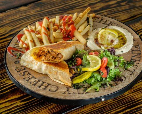 Chicken Shawerma Wrap with a side of Fries, Salad and Hummus