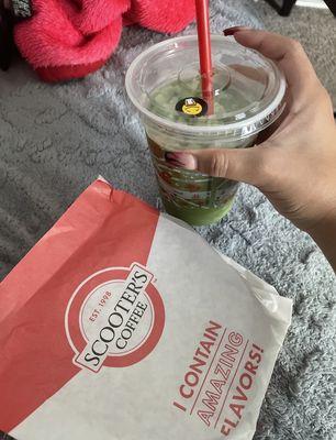 Breakfast bagel with matcha smoothie