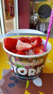 Small size of frozen strawberry yogurt with toasted coconut shavings and fresh strawberries