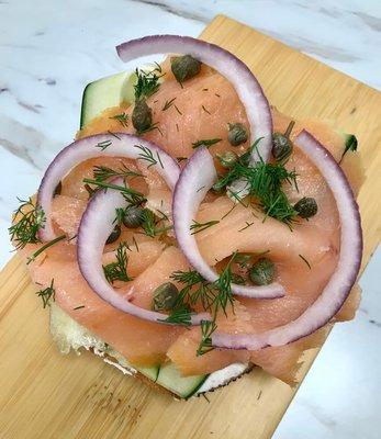 Smoked Salmon and Caper Topped Bagel.