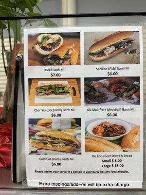 New menu prices