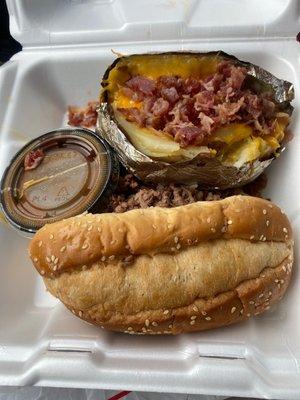 Out of sight special which comes with a chopped beef sandwich and 2 veggies or loaded baked potato.