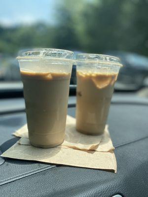 Iced vanilla latte and an iced hazelnut latte.