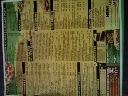 The back of Pizzaland's menu.