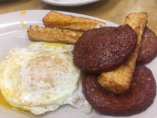 Tres golpes- fried salami, fried cheese and fried egg