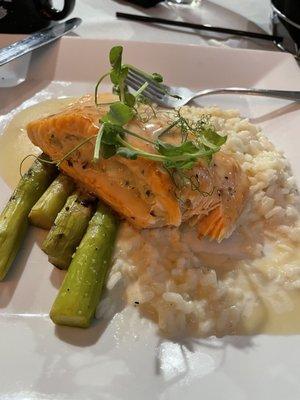 Crab stuffed salmon with asparagus over lemon risotto