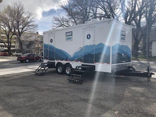 Monday, April 15, 2019: executive restroom trailer rental for the Bank Saloon's First Nail Ceremony.